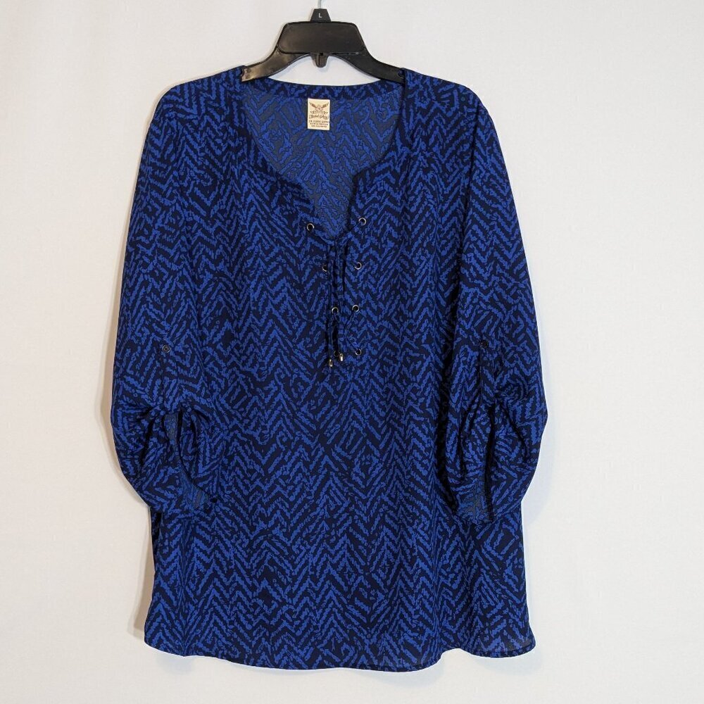 FADED GLORY Blue/Black Chiffon Pullover Top; Neck Laces; Roll-Tab Sleeve Size 2X